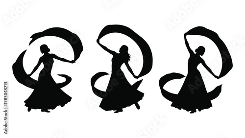 Graceful ribbon dancer silhouettes isolated on white background, Vector