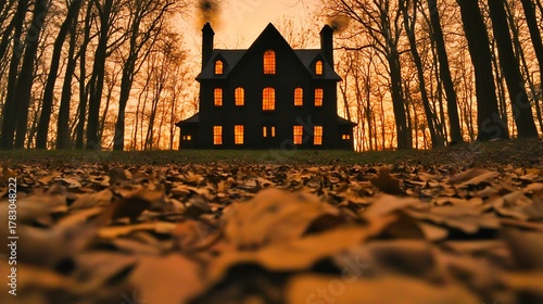 Deep orange background featuring haunted house silhouette with scattered dried leaves on ground