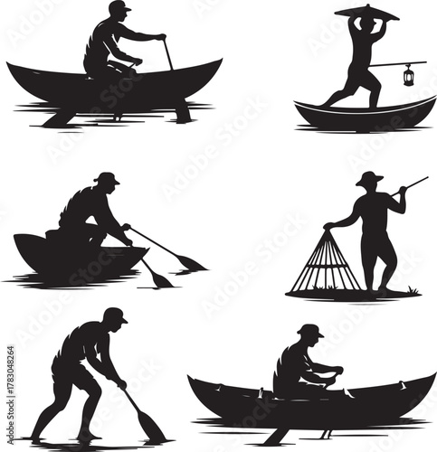 Silhouetted People in Boats Engaged in Various Activities Black and White Vector