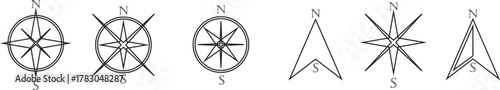 Compass Icon set. Monochrome navigational compass with cardinal directions of North, East, South, West. Geographical position, cartography and navigation. Exploration, and map design projects.