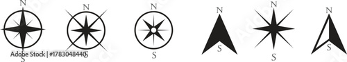 Compass Icon set. Monochrome navigational compass with cardinal directions of North, East, South, West. Geographical position, cartography and navigation. Exploration, and map design projects.