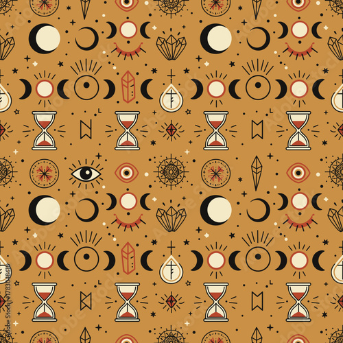 Mystical Celestial Pattern SVG: Seamless Vector Background with Moon Phases, Evil Eye, and Alchemy Symbols in Boho Style for Spiritual and Witchy Design