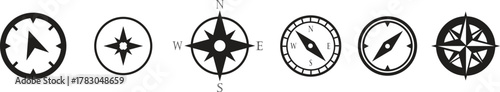 Compass Icon set. Monochrome navigational compass with cardinal directions of North, East, South, West. Geographical position, cartography and navigation. Exploration, and map design projects.