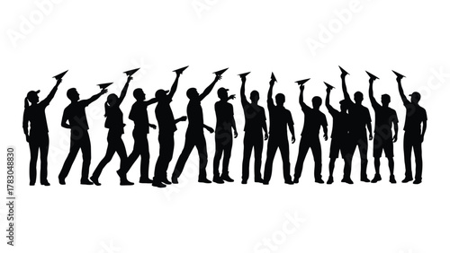 Silhouettes of people launching paper airplanes isolated on white background, Vector