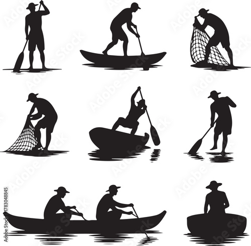 Silhouetted Water Activities Including Paddle Boarding Fishing and Boating Vector Graphics