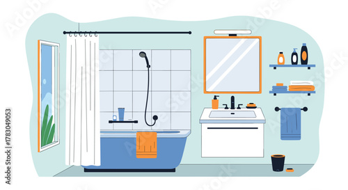 A modern bathroom interior illustration with a blue bathtub and shower, a vanity, mirror, shelves, and essential bath amenities.