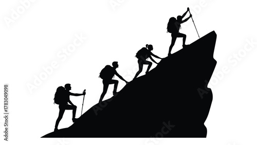 Hikers climbing mountain silhouette isolated on white background, Vector