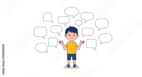 A young boy is surrounded by numerous empty speech and thought bubbles, representing ideas, communication, and decision-making.