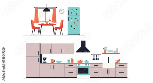 Modern flat vector illustration depicting a contemporary kitchen and dining area with various appliances, furniture, and home decor elements.