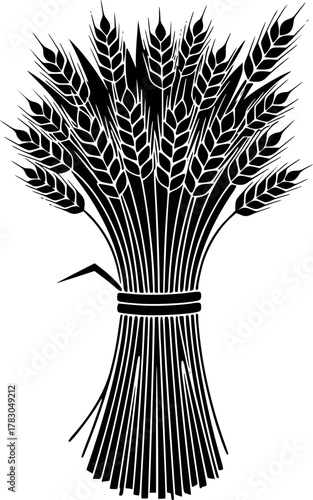 Illustration of a tied sheaf of wheat in black and white silhouette
