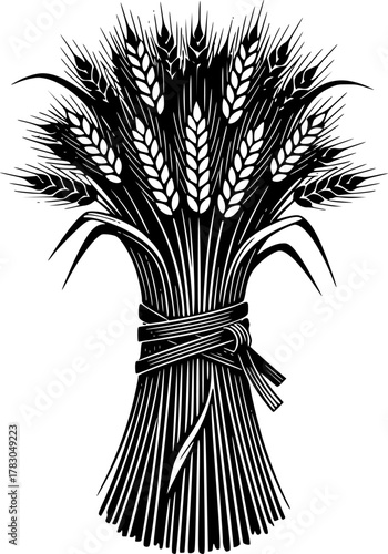 Illustration of a tied sheaf of wheat in black and white silhouette
