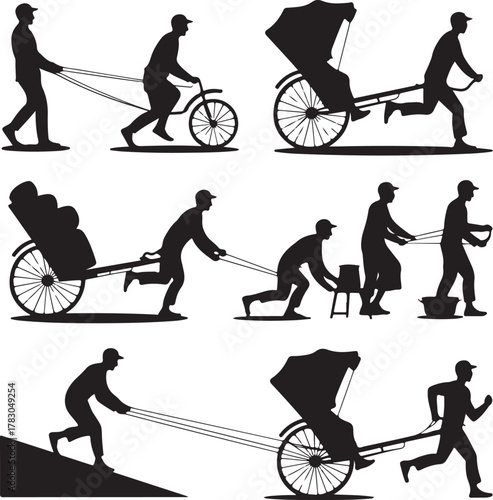 Silhouettes of laborers pulling rickshaws carts and carrying objects manually