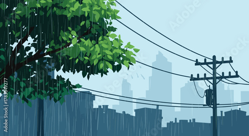 Heavy rain descends on a vibrant green tree, contrasting with the dark, silhouetted cityscape and power lines spanning the misty urban background.