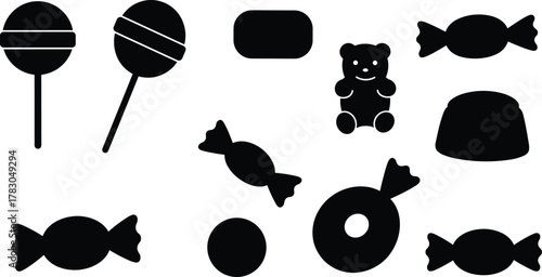 Candy and sweets silhouette set, assorted confectionery icons, black and white vector design, cad drawing flat vector 
