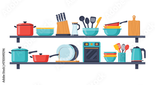 A vibrant collection of modern kitchen utensils, cookware, and small appliances neatly organized on two minimalist shelves.
