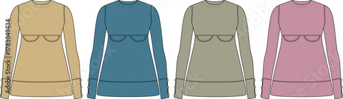 Four colorful long-sleeved tops with detailed stitching and ribbed cuffs