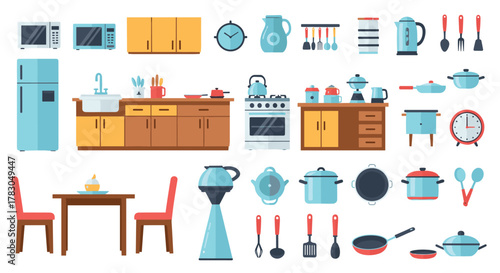 A comprehensive collection of modern kitchen appliances, cookware, utensils, and furniture in a flat vector illustration style.