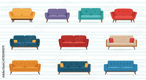 A collection of various colorful sofas and couches in different styles, displayed on a striped background, suitable for furniture design.