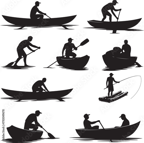 Silhouettes of People Enjoying Water Activities Boating Rafting Fishing Kayaking