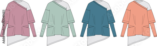 Vector illustration of a women's oversized asymmetrical sweater with a one-shoulder design, long sleeves, and pockets shown in multiple color options