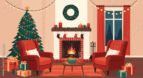 A cozy Christmas living room scene with a decorated tree, a warm fireplace, comfy armchairs, and festive gifts, perfect for holiday relaxation.