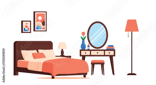 Cozy and modern minimalist bedroom interior with a bed, dressing table, and lamps, depicted in a flat design illustration.