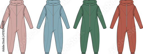 Collection of four hooded full-body pajama suits in different colors pink, blue, green, and red