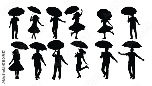 People with umbrellas silhouettes isolated on white background, Vector