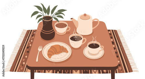 A cozy morning breakfast scene featuring coffee, tea, and a croissant on a rustic table with a decorative rug.