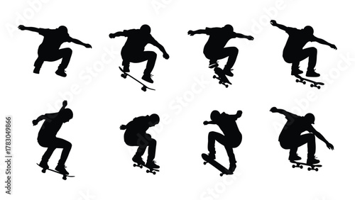 Skateboarder silhouettes performing tricks isolated on white background, Vector