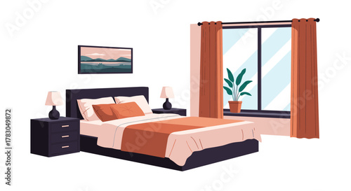 A cozy and inviting bedroom interior with a comfortable bed, stylish nightstands, lamps, a window with warm curtains, and a potted plant.