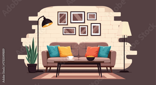 Inviting living room interior design with a comfortable sofa, colorful cushions, floor lamps, and a coffee table against a textured brick wall.