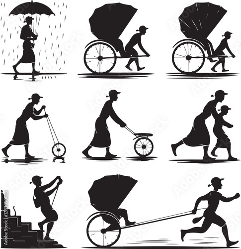 Silhouettes of People Pushing Pulling and Carrying Wheeled Vehicles in Black and White