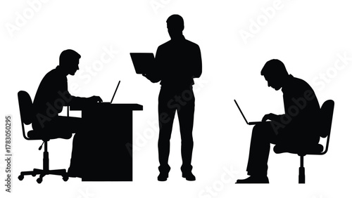 Business professionals with laptops silhouettes isolated on white background, Vector