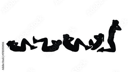 Sit-up exercise sequence silhouette isolated on white background, Vector