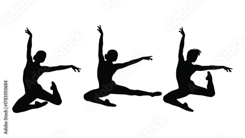 Graceful dancer silhouettes in mid-air jumps isolated on white background, Vector
