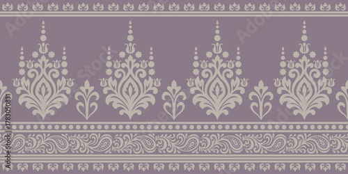 Traditional floral pattern with ornamental design in beige on purple background, elegant vintage style decoration with symmetrical motifs