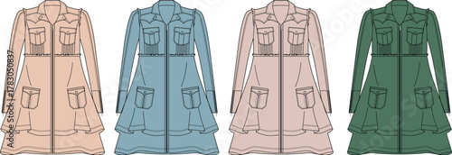 Stylish women's midi dress in multiple colors, featuring a zipper and unique layered skirt design