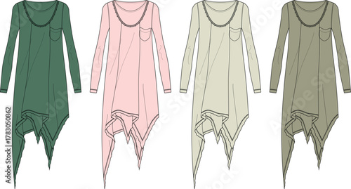 Fashion flat sketch collection of a chic women's asymmetrical hem tunic top, presented in various solid colors for apparel design and technical drawing projects