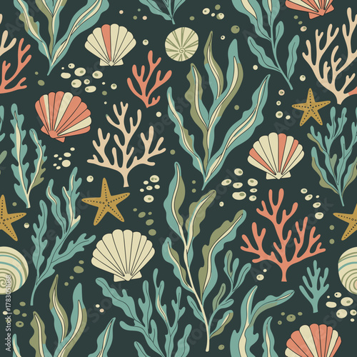 Vintage Marine Life and Seaweed SVG Seamless Pattern with Scallop Shells Coral Starfish and Algae Illustration on Deep Ocean Background for Nautical Fabric and Wallpaper Decor