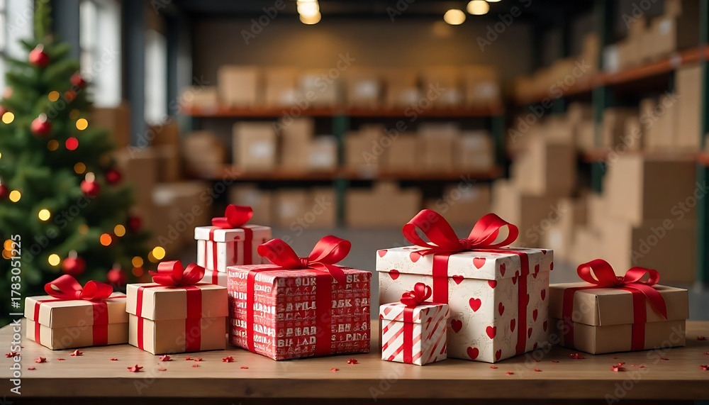 Obraz premium decorated merry christmas table with gifts boxes in warehouse interior background many presents wrapped with red ribbons and letters on desk in storage xmas postal shipping, created with generative ai