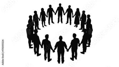 Circle of people holding hands silhouette isolated on white background, Vector