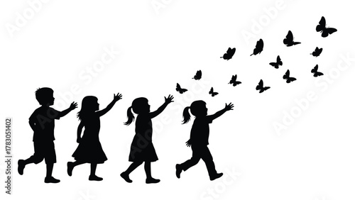 Children chasing butterflies silhouette isolated on white background, Vector