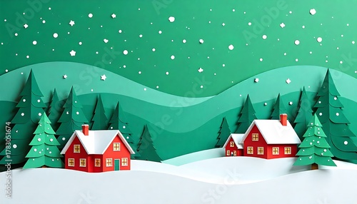 Green Merry christmas and happy new year greeting card banner paper art style with  snowy winter landscape red village and forest scene for holiday celebration, created with generative ai