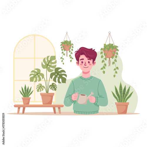 Biophilic Home Oasis: Young Person Enjoying Indoor Plants and Nature