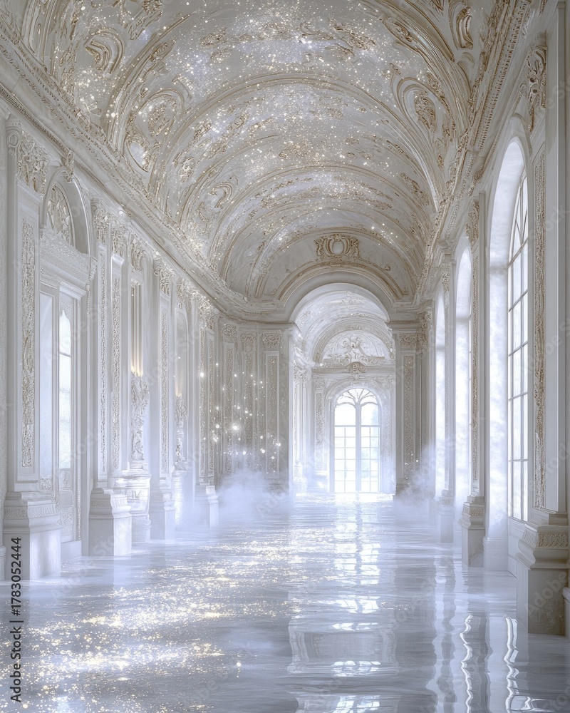 Obraz premium Ornate white hallway with bright light