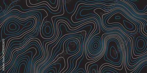 Abstract dark topographic map background with smooth blue and gray contour lines. Modern minimal design, perfect for technology, mapping, geoscience, or digital data visualization themes.