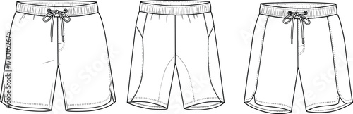 Men’s swim trunks fashion flat sketch, technical vector drawing template, swim shorts design with drawstring, board shorts CAD.