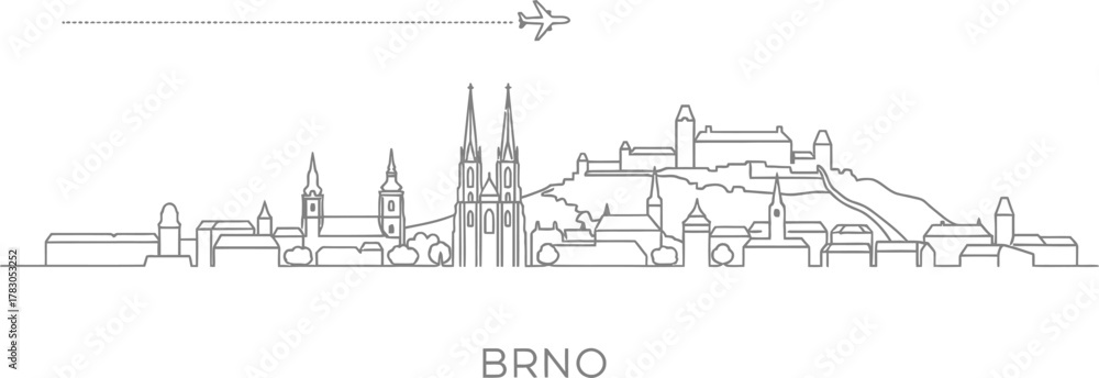 Fototapeta premium Brno Skyline Linear Art with Airplane