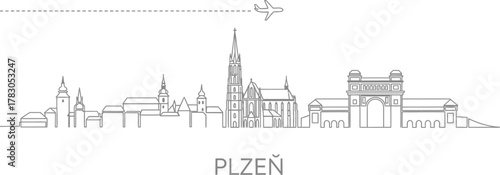 Plzen Skyline and Airplane Travel Icon